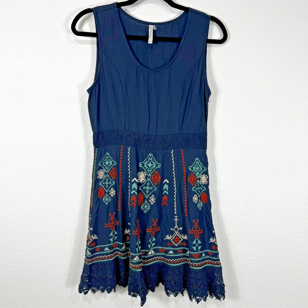 Anthropologie Navy Blue Embroidered Mini Dress